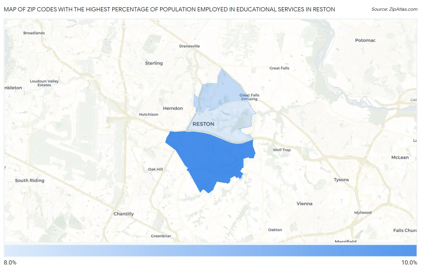 Zip Codes with the Highest Percentage of Population Employed in Educational Services in Reston Map