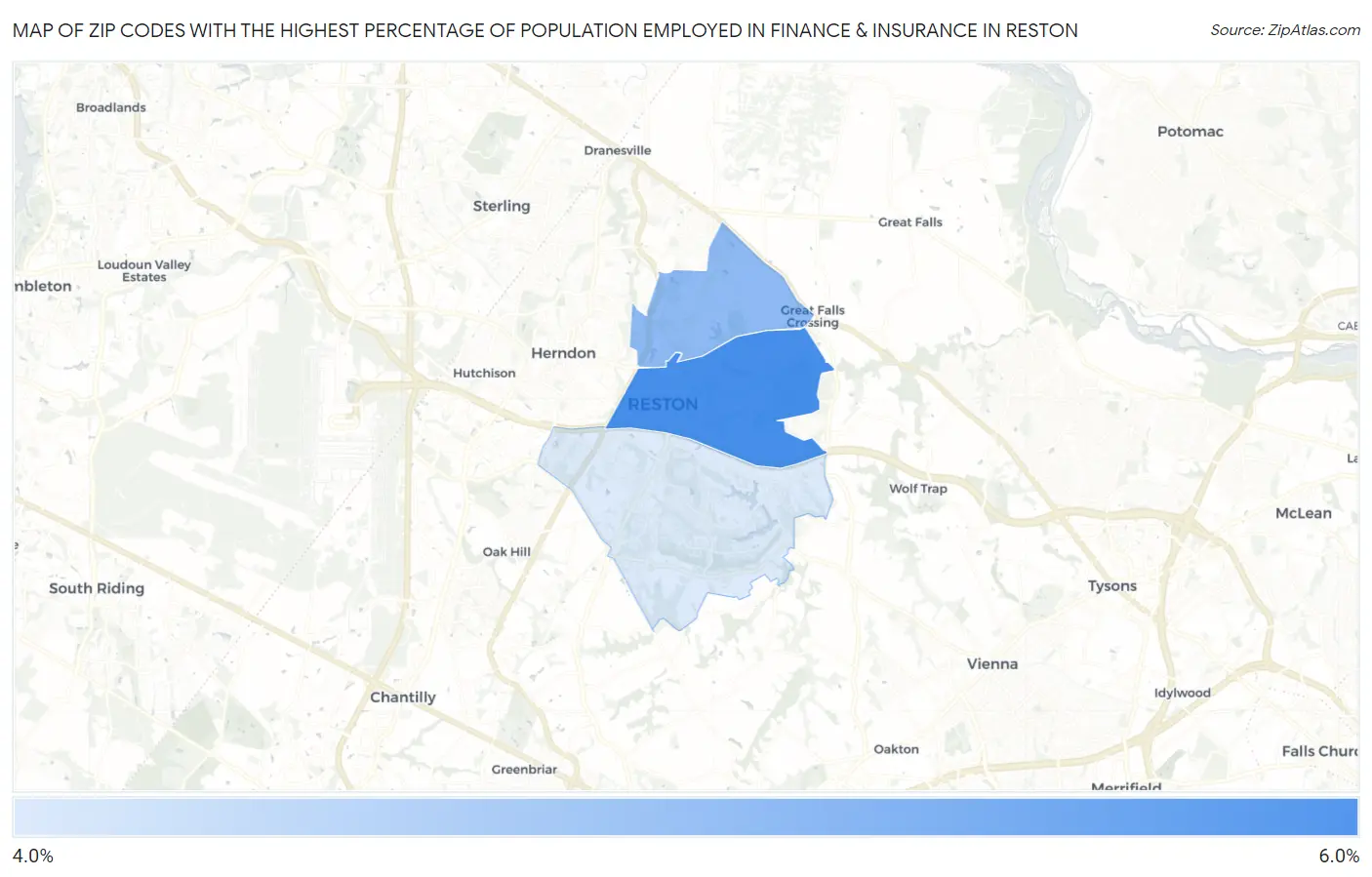Zip Codes with the Highest Percentage of Population Employed in Finance & Insurance in Reston Map