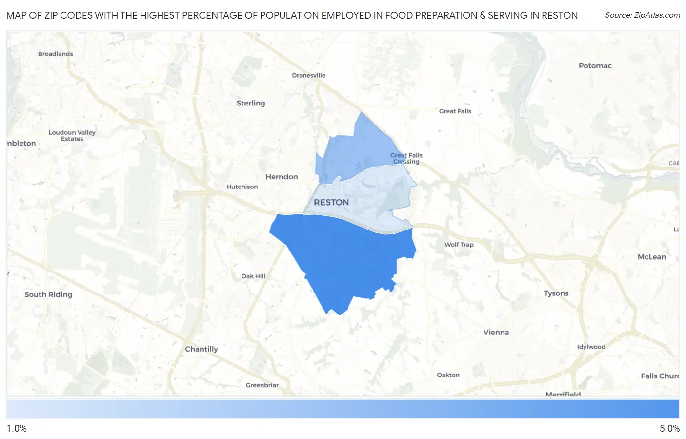 Zip Codes with the Highest Percentage of Population Employed in Food Preparation & Serving in Reston Map