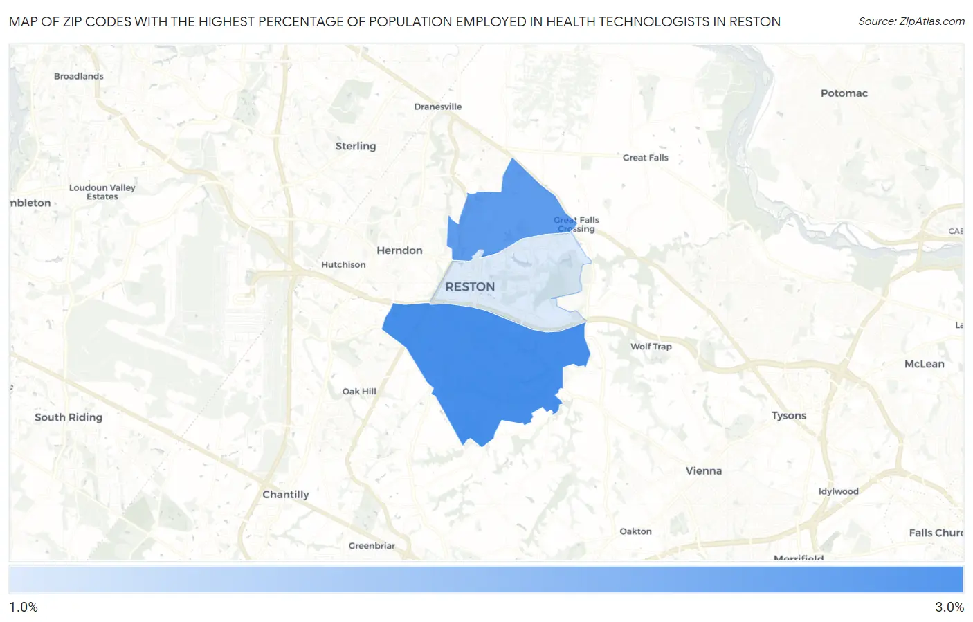 Zip Codes with the Highest Percentage of Population Employed in Health Technologists in Reston Map