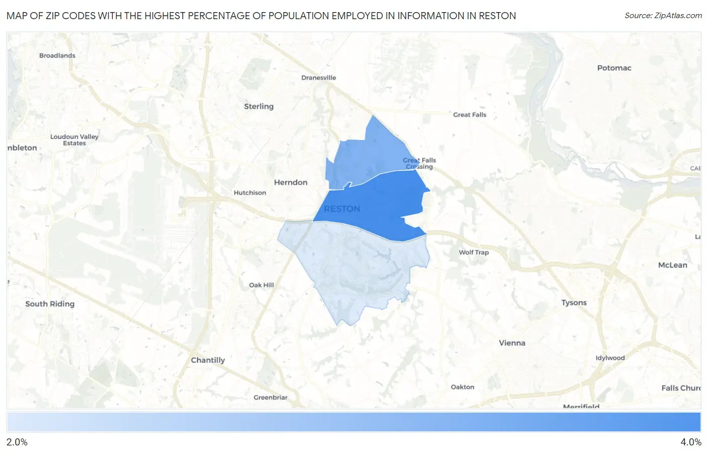 Zip Codes with the Highest Percentage of Population Employed in Information in Reston Map
