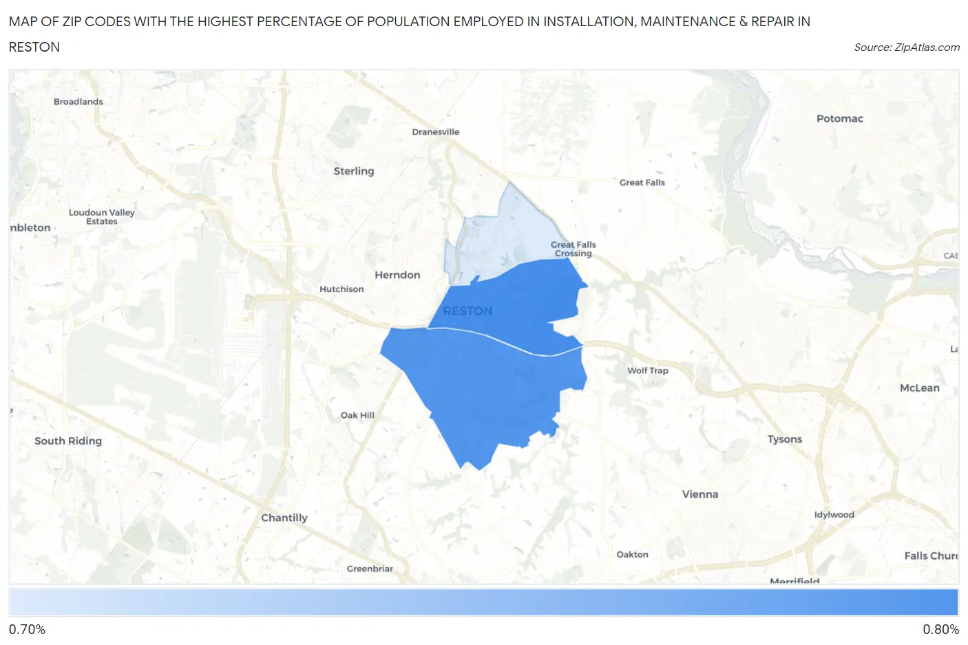 Zip Codes with the Highest Percentage of Population Employed in Installation, Maintenance & Repair in Reston Map