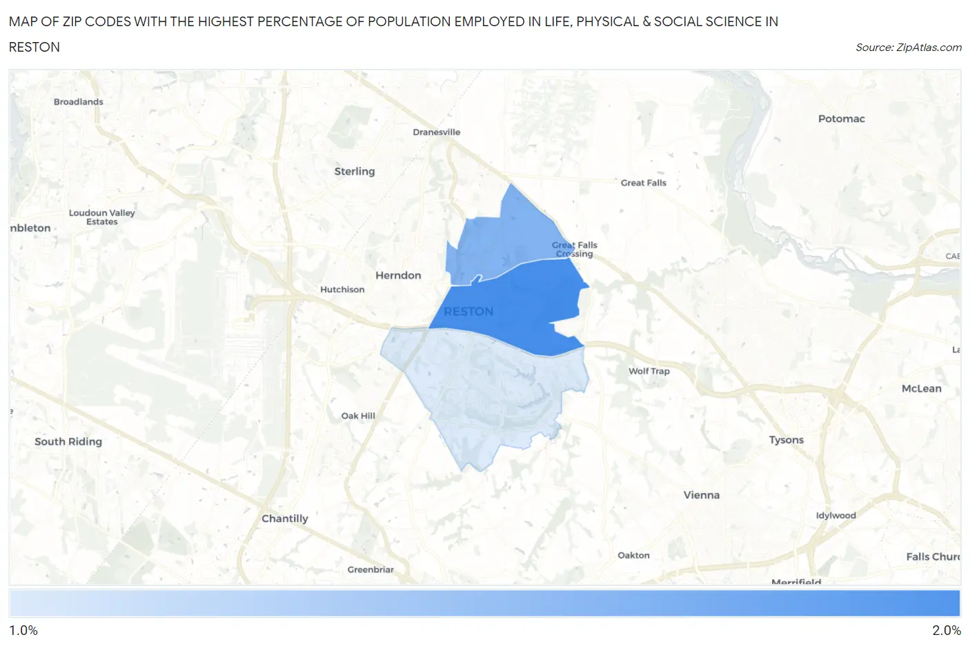 Zip Codes with the Highest Percentage of Population Employed in Life, Physical & Social Science in Reston Map