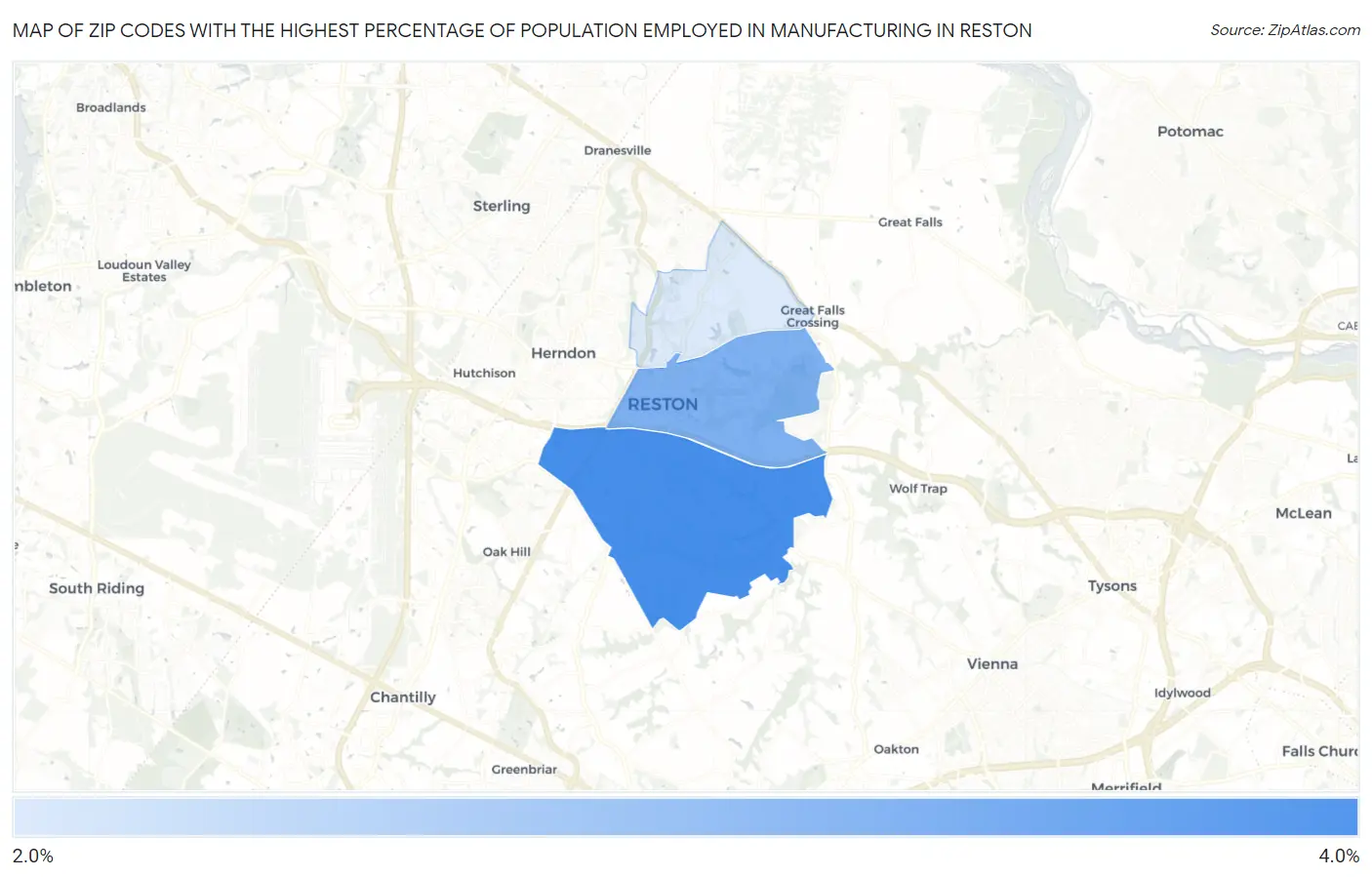 Zip Codes with the Highest Percentage of Population Employed in Manufacturing in Reston Map