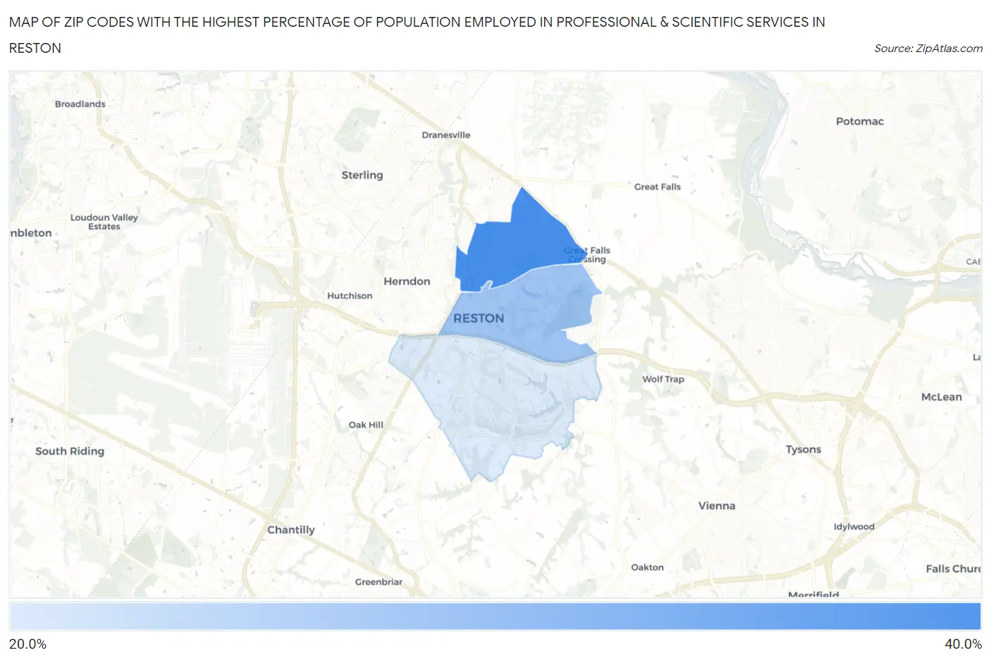 Zip Codes with the Highest Percentage of Population Employed in Professional & Scientific Services in Reston Map