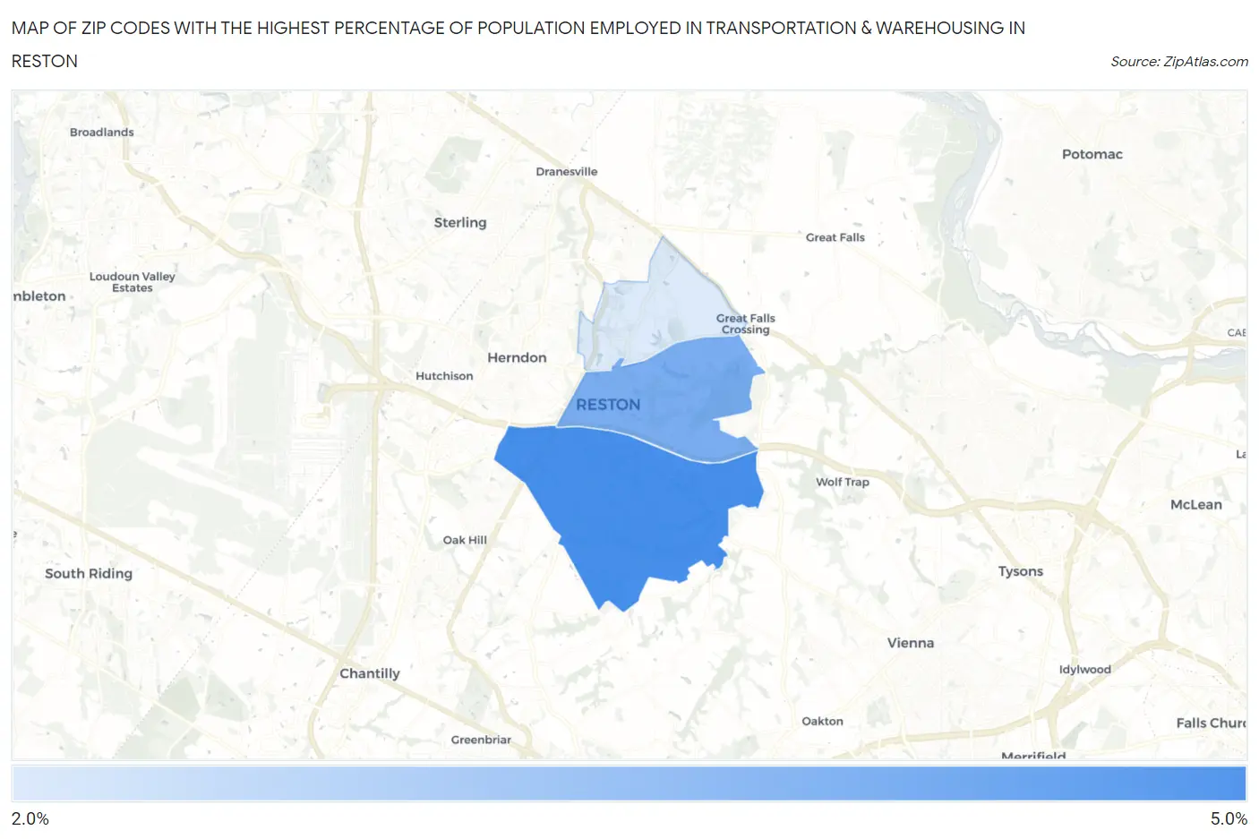 Zip Codes with the Highest Percentage of Population Employed in Transportation & Warehousing in Reston Map