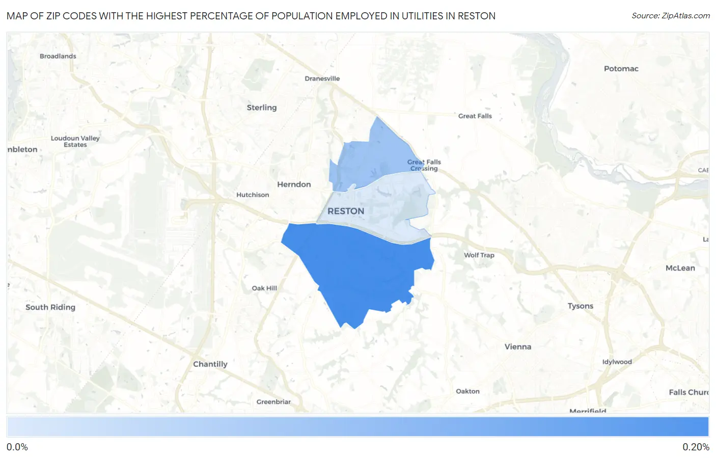 Zip Codes with the Highest Percentage of Population Employed in Utilities in Reston Map