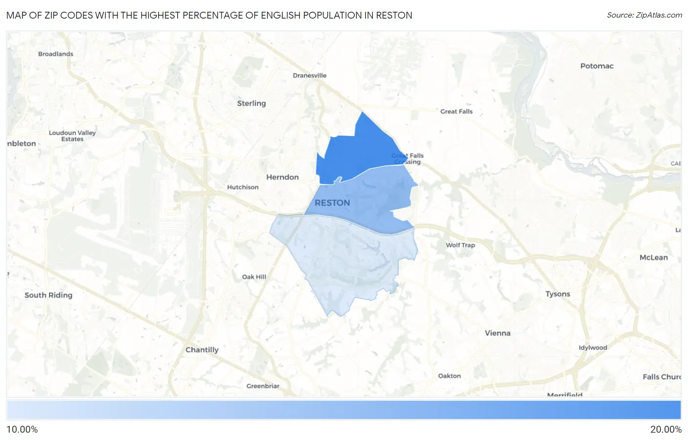Zip Codes with the Highest Percentage of English Population in Reston Map