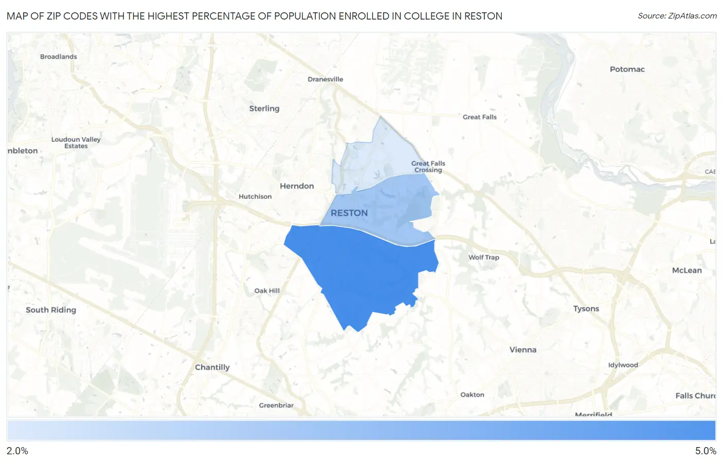 Zip Codes with the Highest Percentage of Population Enrolled in College in Reston Map