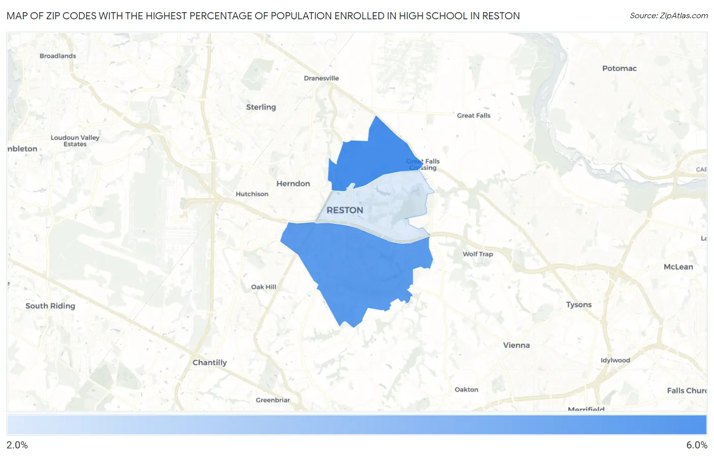 Zip Codes with the Highest Percentage of Population Enrolled in High School in Reston Map