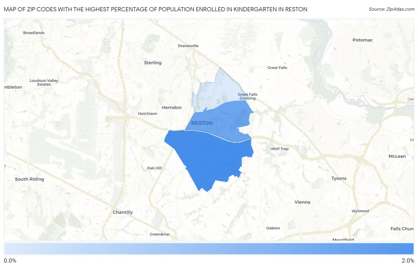 Zip Codes with the Highest Percentage of Population Enrolled in Kindergarten in Reston Map