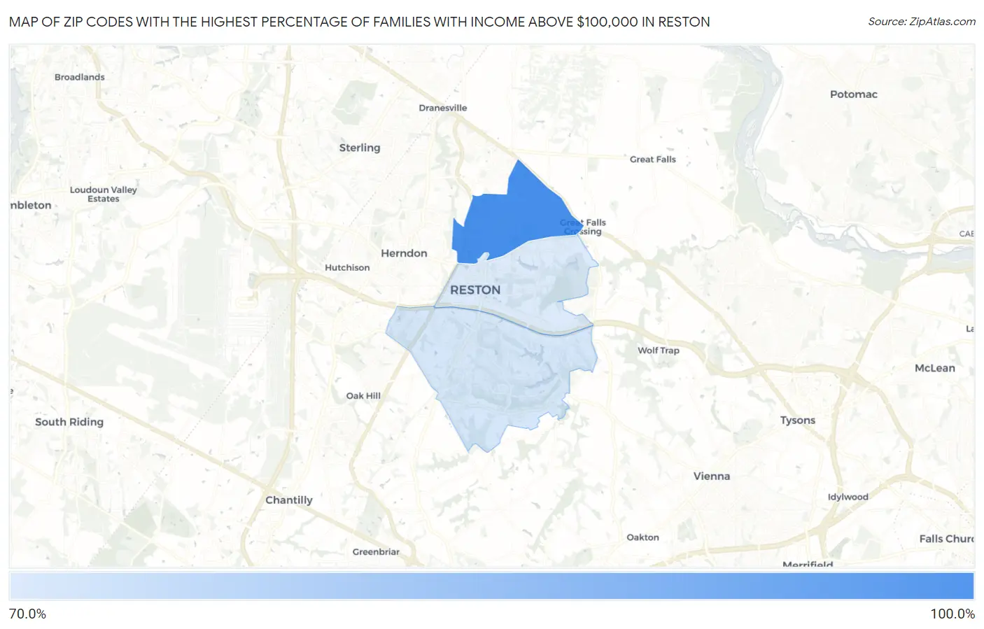 Zip Codes with the Highest Percentage of Families with Income Above $100,000 in Reston Map