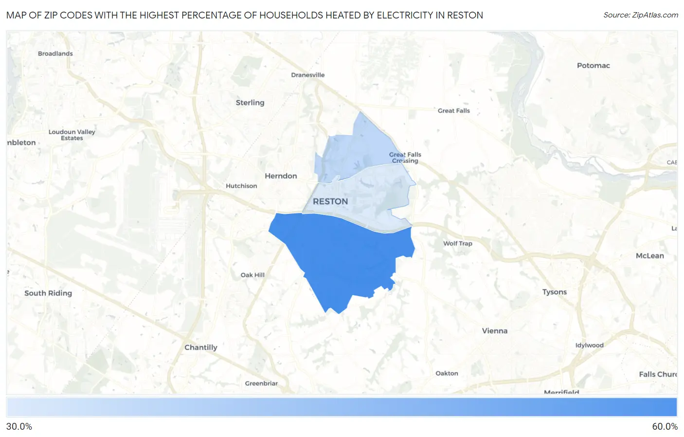 Zip Codes with the Highest Percentage of Households Heated by Electricity in Reston Map