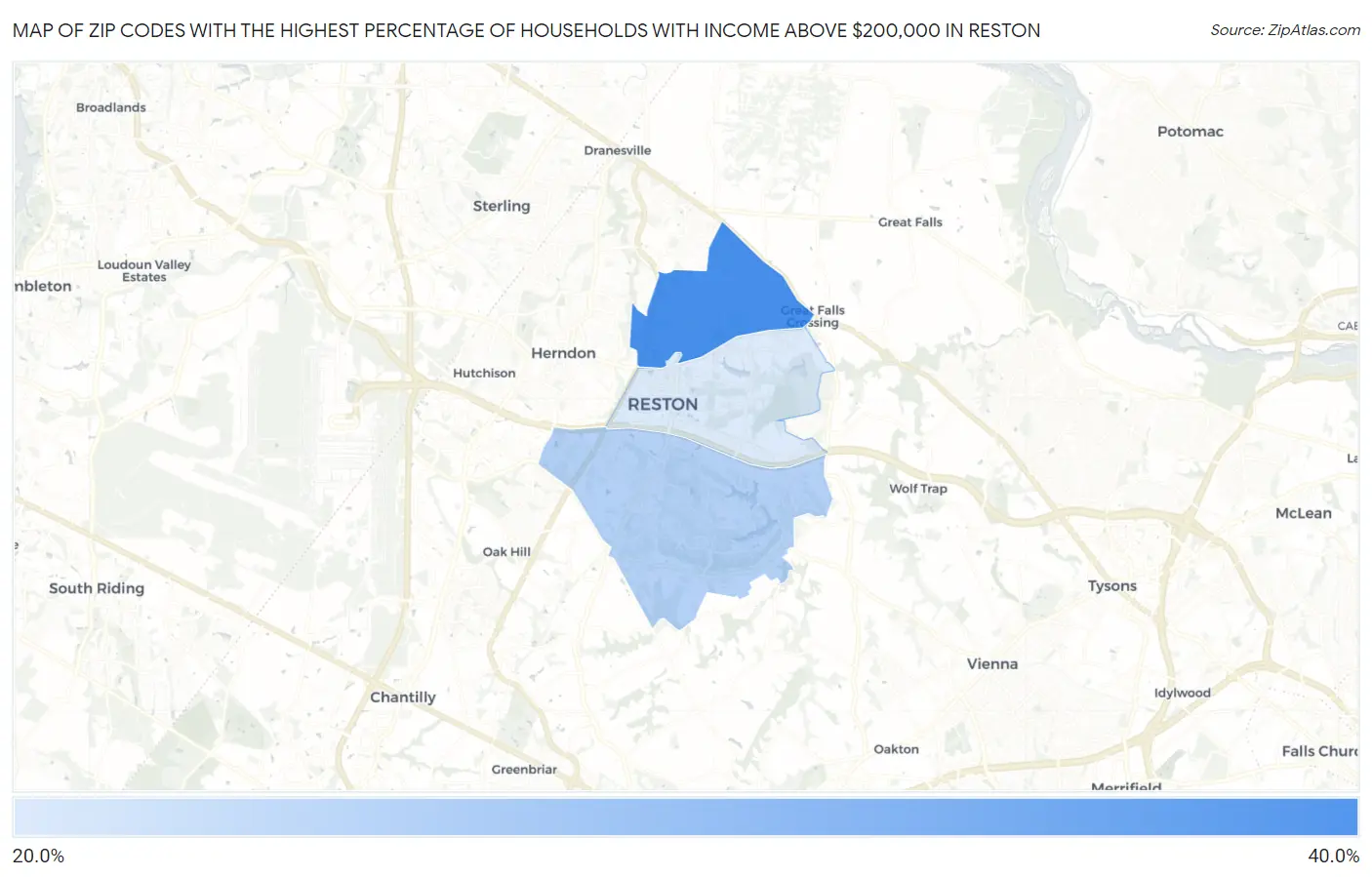 Zip Codes with the Highest Percentage of Households with Income Above $200,000 in Reston Map