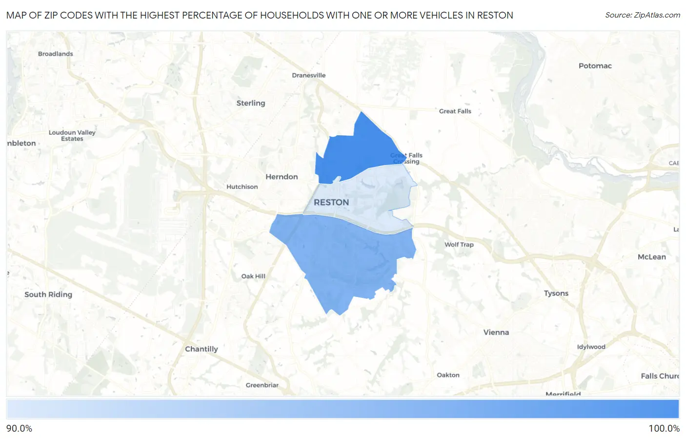 Zip Codes with the Highest Percentage of Households With One or more Vehicles in Reston Map