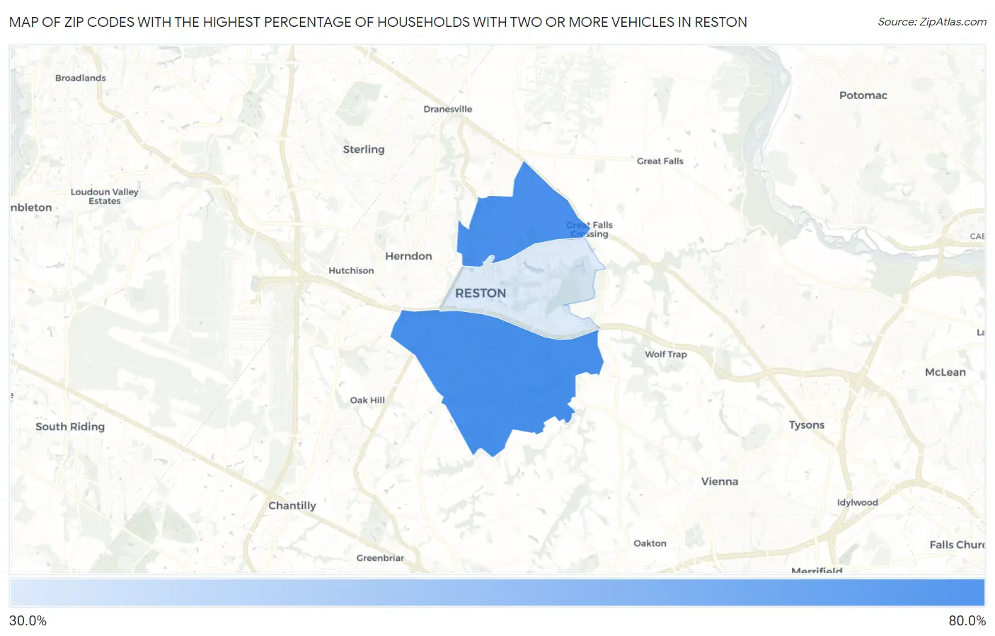 Zip Codes with the Highest Percentage of Households With Two or more Vehicles in Reston Map