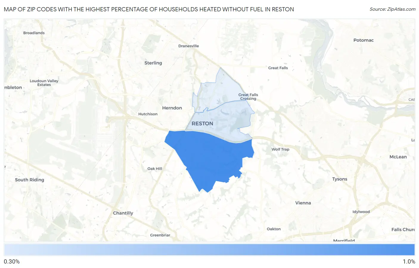 Zip Codes with the Highest Percentage of Households Heated without Fuel in Reston Map