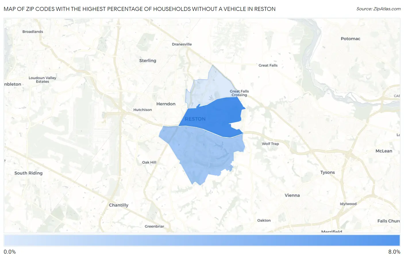 Zip Codes with the Highest Percentage of Households Without a Vehicle in Reston Map