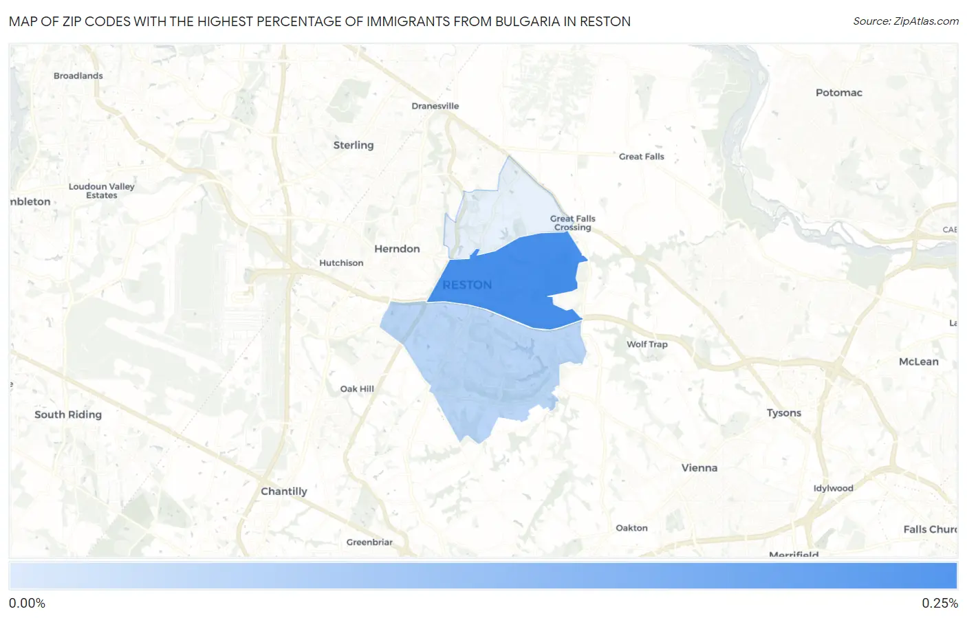 Zip Codes with the Highest Percentage of Immigrants from Bulgaria in Reston Map