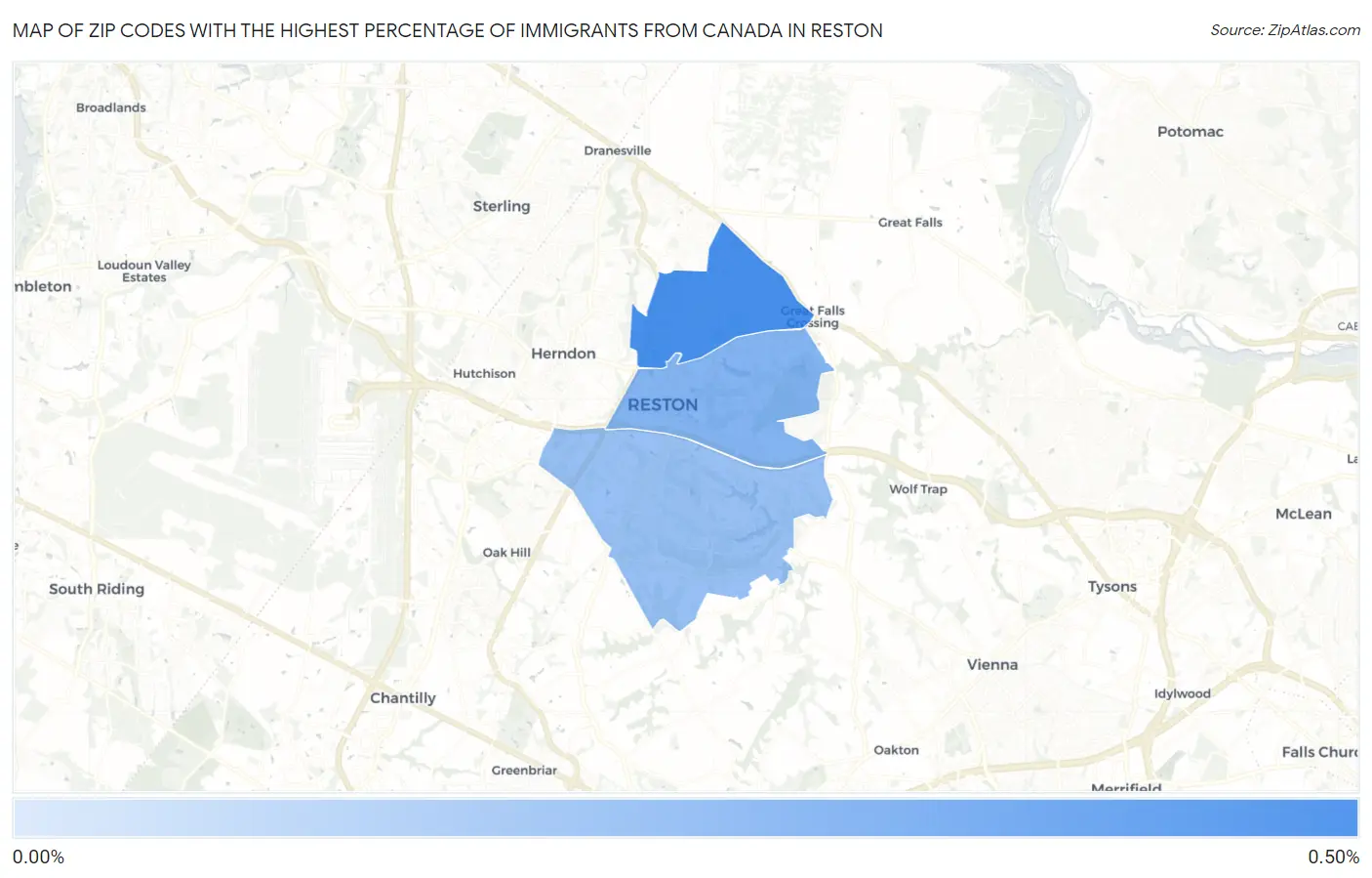 Zip Codes with the Highest Percentage of Immigrants from Canada in Reston Map