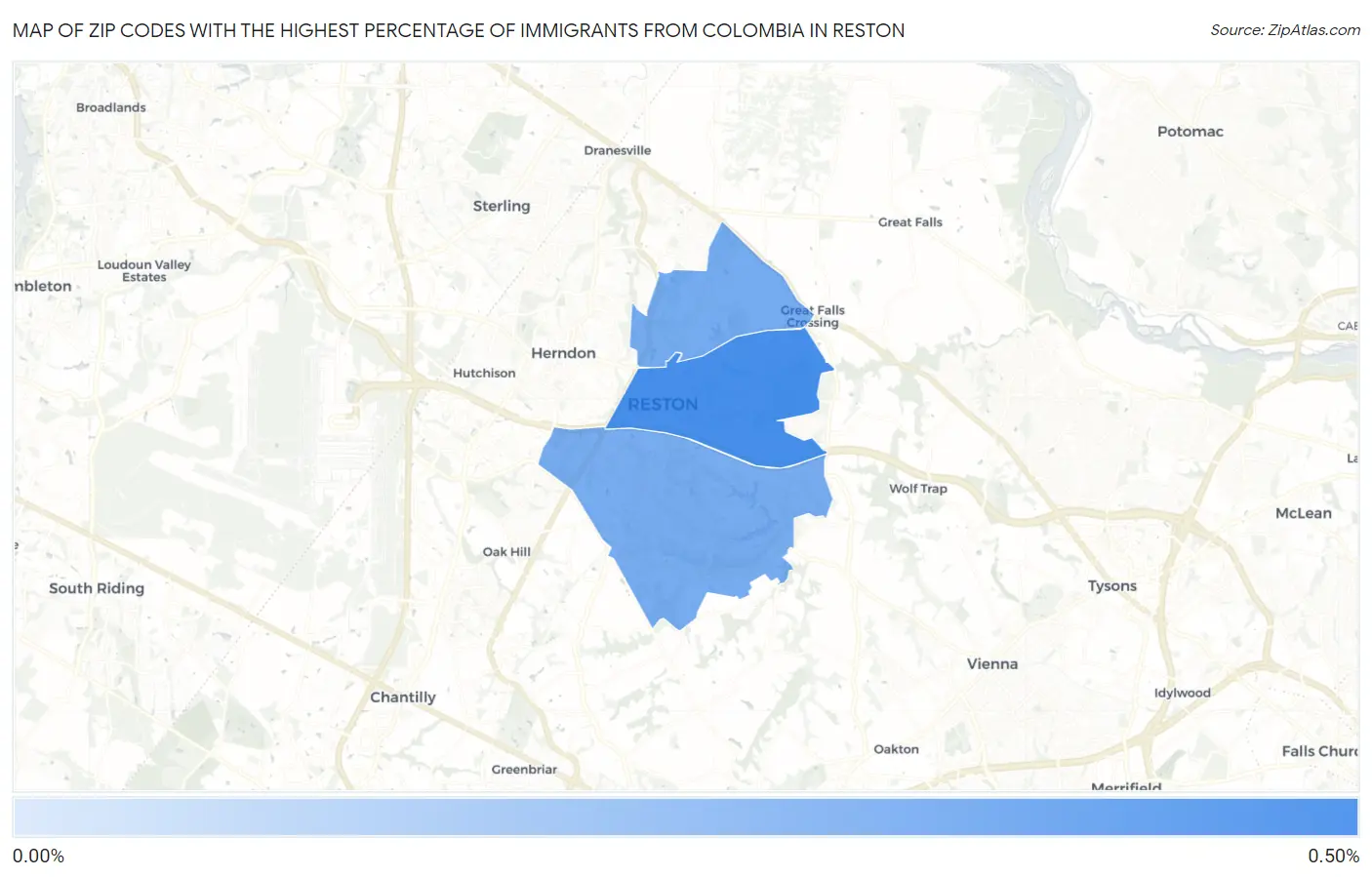 Zip Codes with the Highest Percentage of Immigrants from Colombia in Reston Map