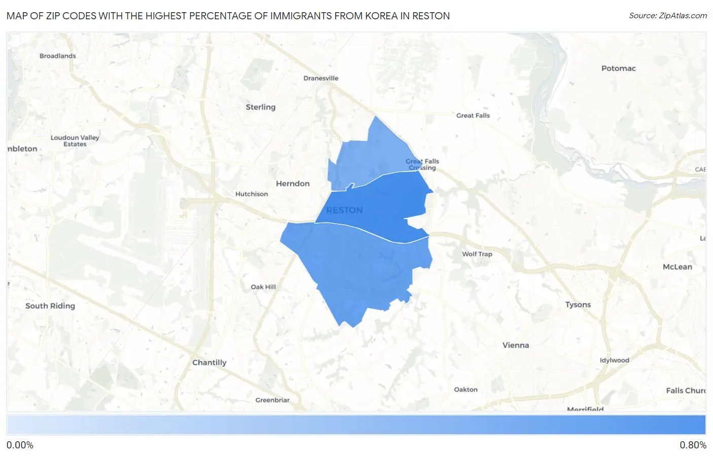 Zip Codes with the Highest Percentage of Immigrants from Korea in Reston Map