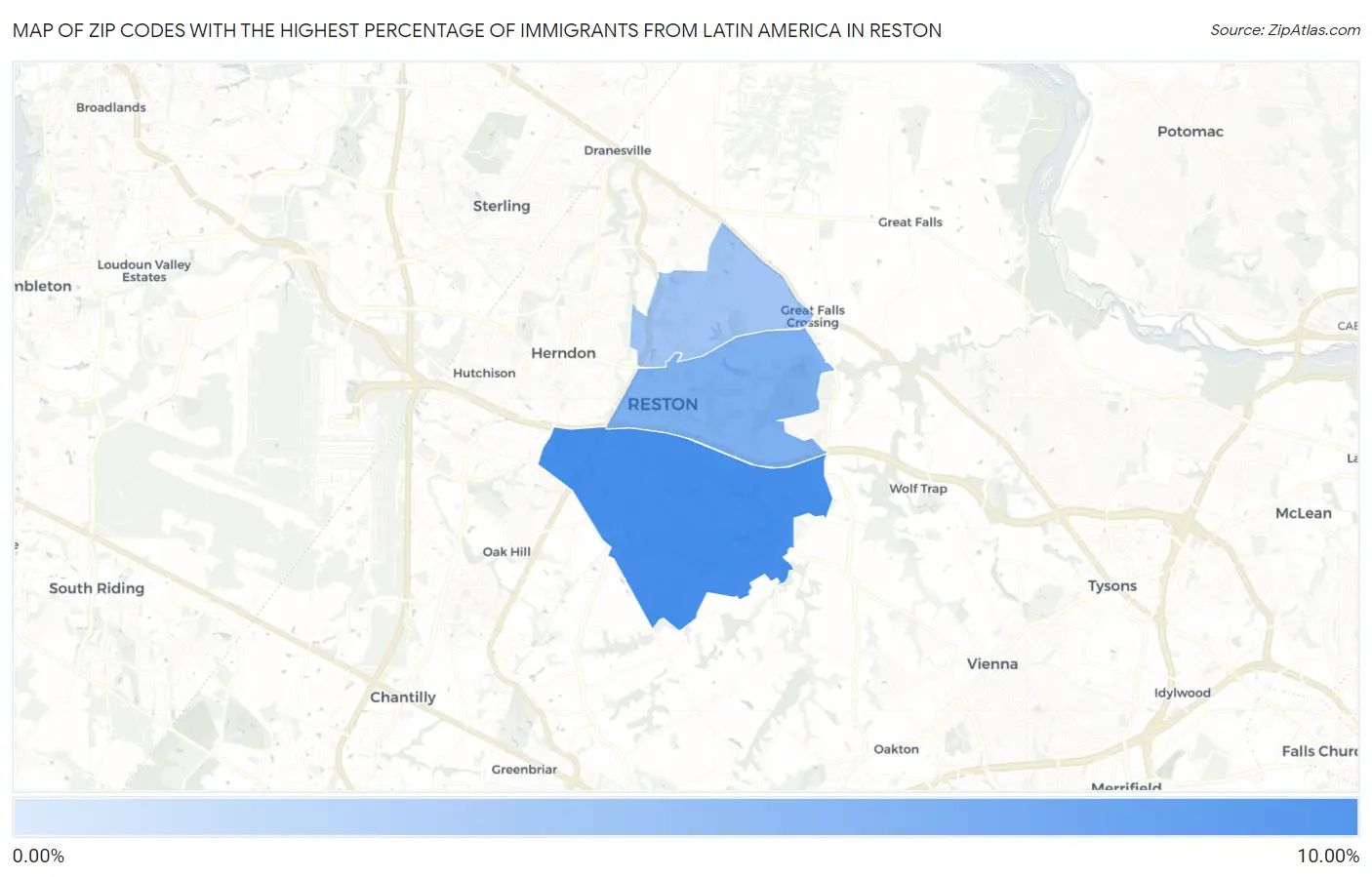 Zip Codes with the Highest Percentage of Immigrants from Latin America in Reston Map