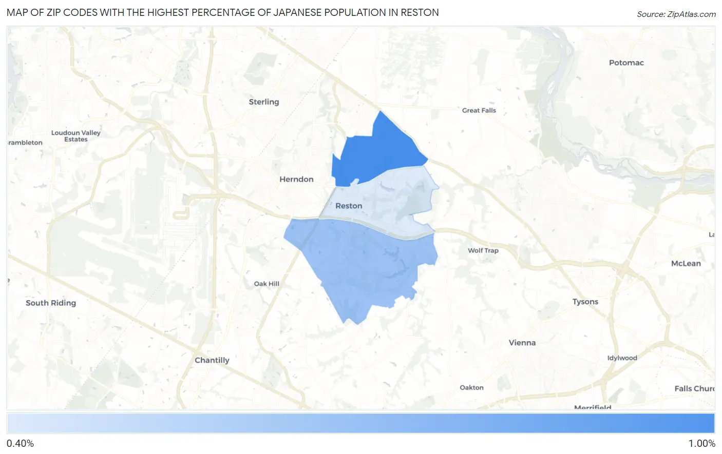 Zip Codes with the Highest Percentage of Japanese Population in Reston Map
