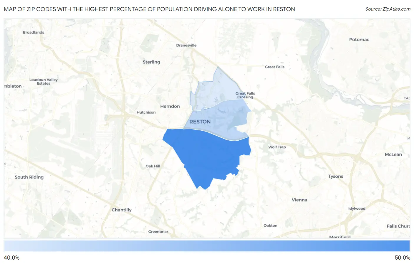 Zip Codes with the Highest Percentage of Population Driving Alone to Work in Reston Map