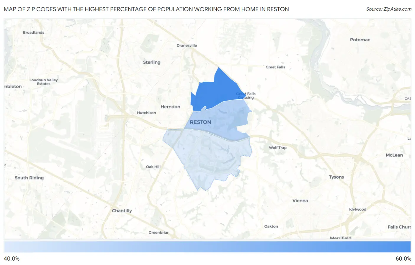 Zip Codes with the Highest Percentage of Population Working from Home in Reston Map