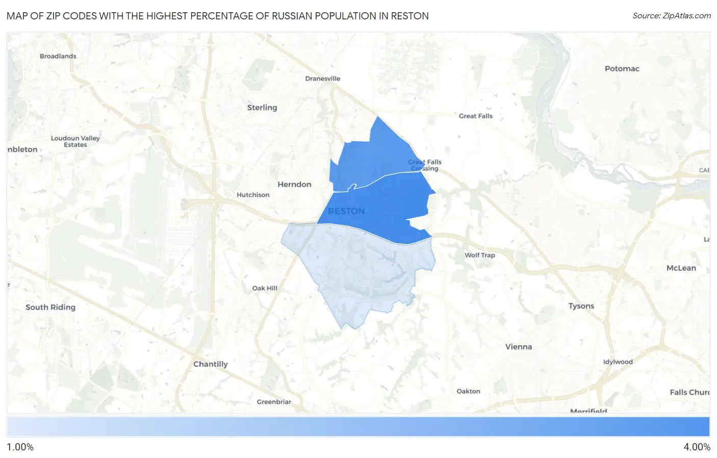 Zip Codes with the Highest Percentage of Russian Population in Reston Map