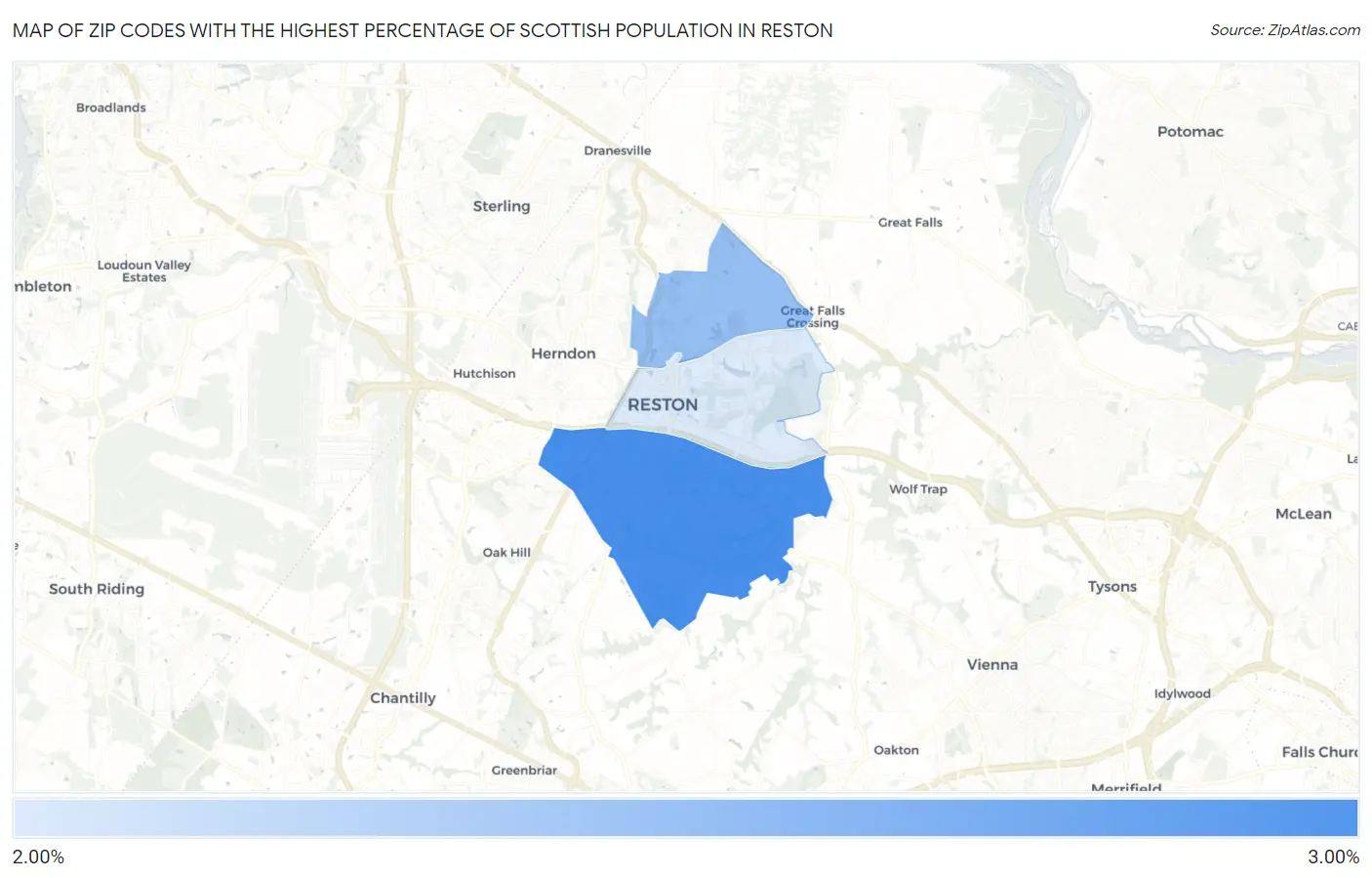 Zip Codes with the Highest Percentage of Scottish Population in Reston Map