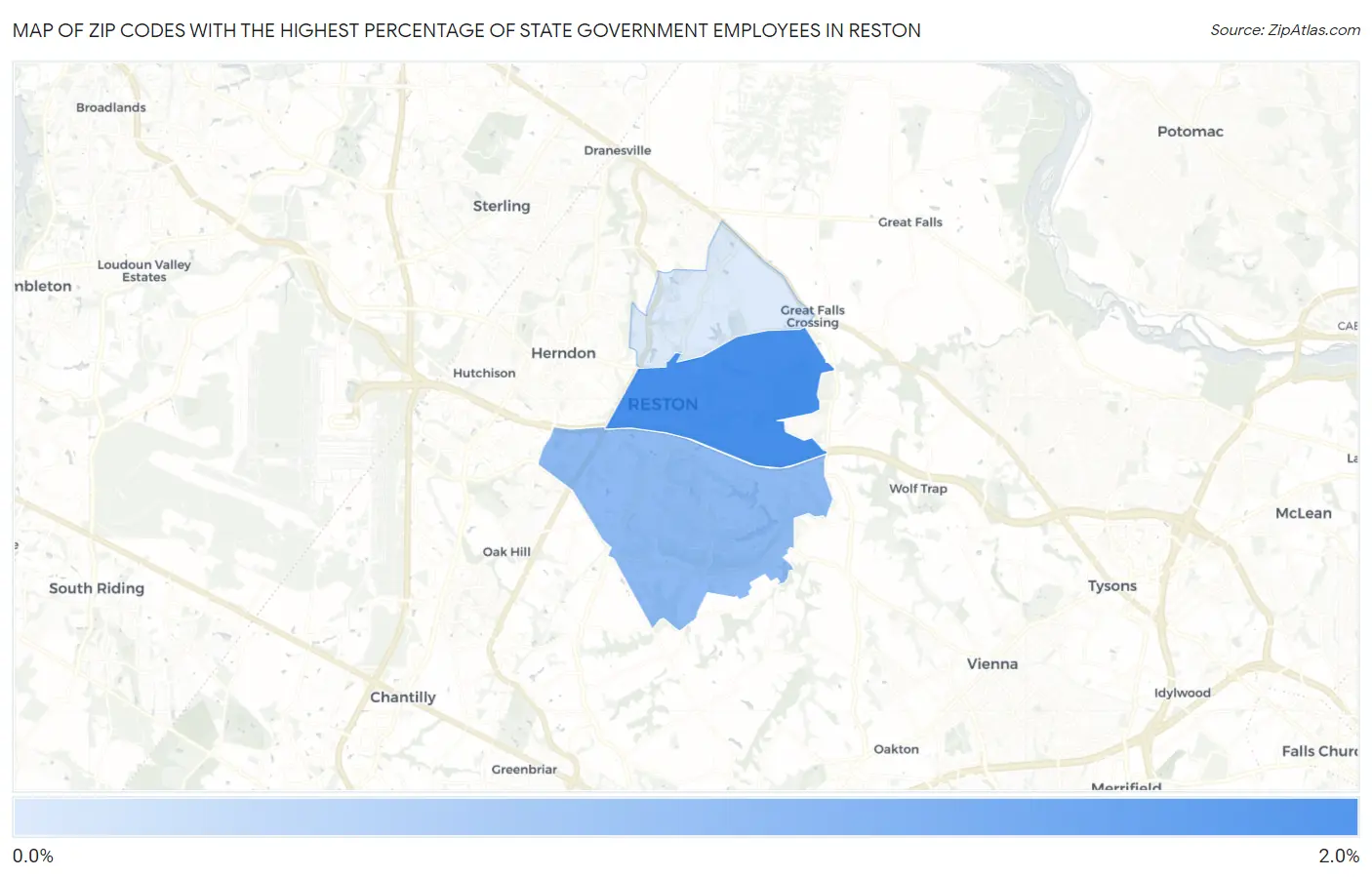 Zip Codes with the Highest Percentage of State Government Employees in Reston Map