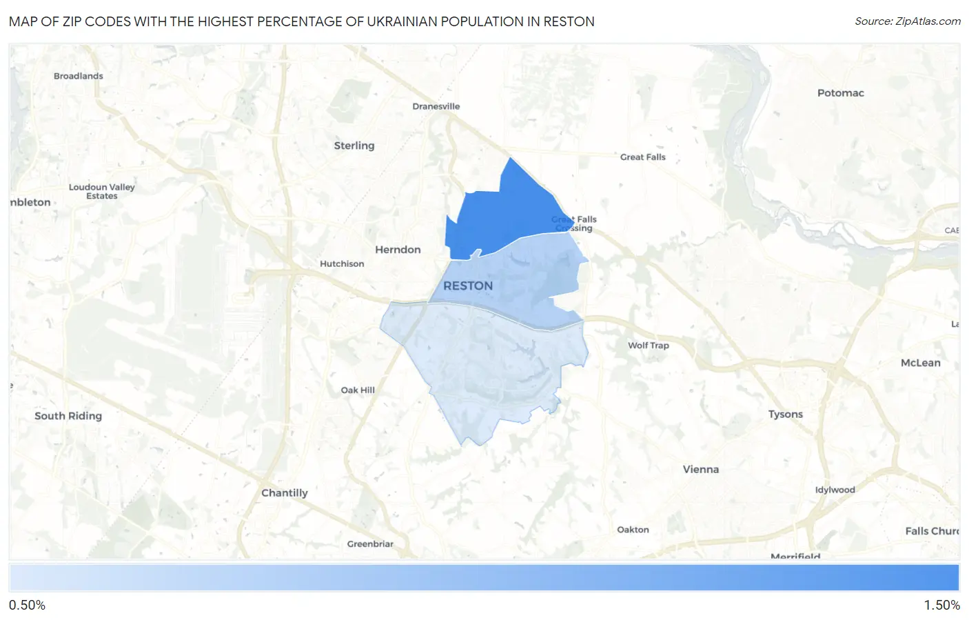 Zip Codes with the Highest Percentage of Ukrainian Population in Reston Map