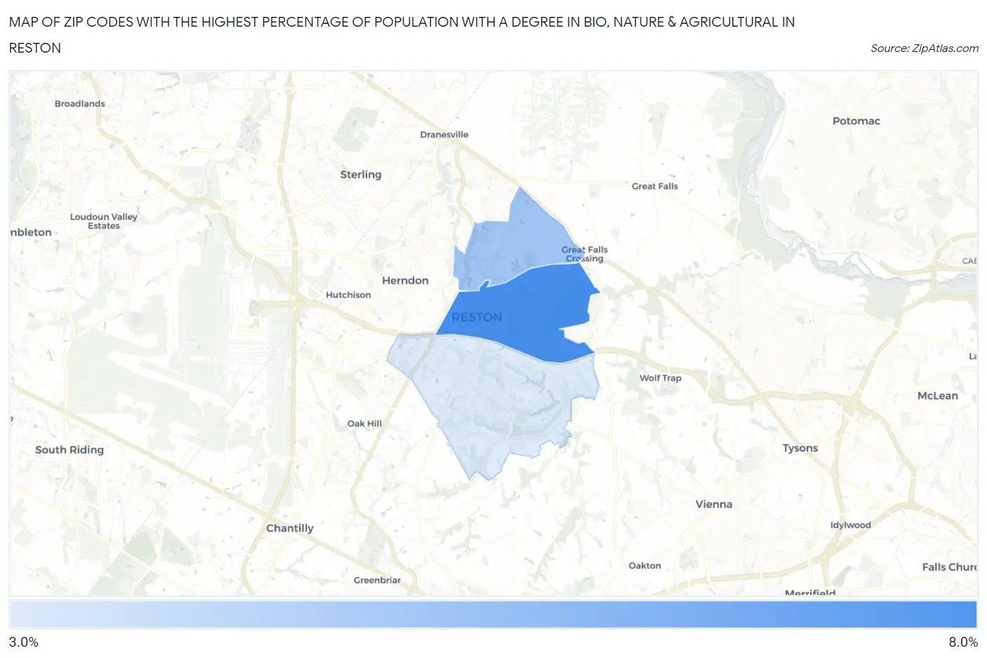 Zip Codes with the Highest Percentage of Population with a Degree in Bio, Nature & Agricultural in Reston Map