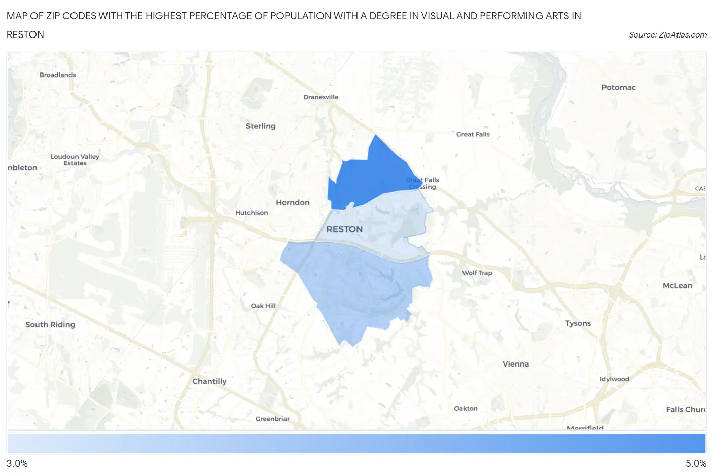 Zip Codes with the Highest Percentage of Population with a Degree in Visual and Performing Arts in Reston Map
