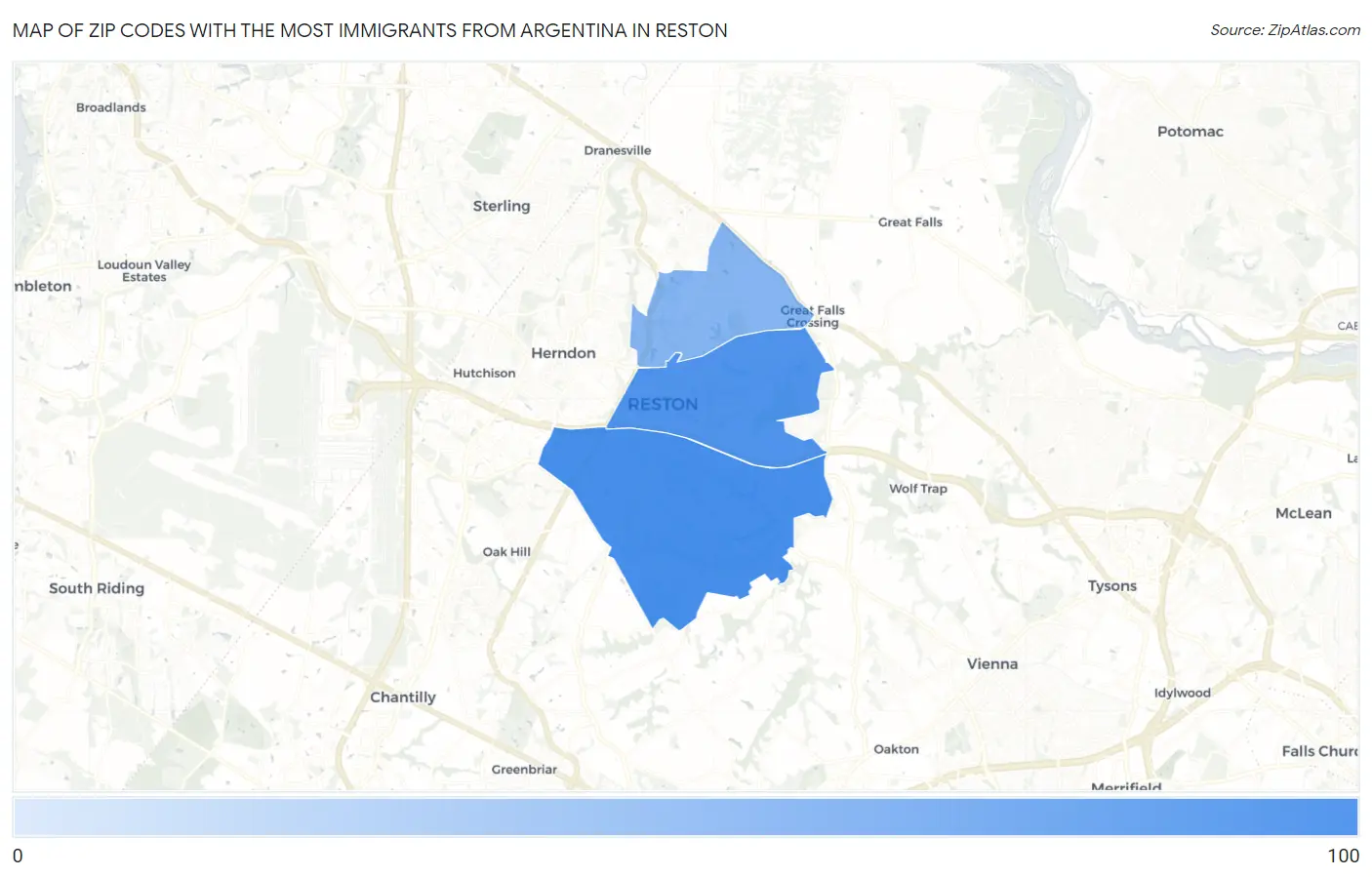 Zip Codes with the Most Immigrants from Argentina in Reston Map