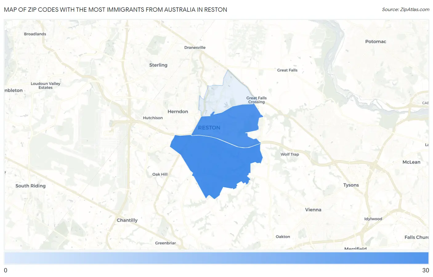 Zip Codes with the Most Immigrants from Australia in Reston Map