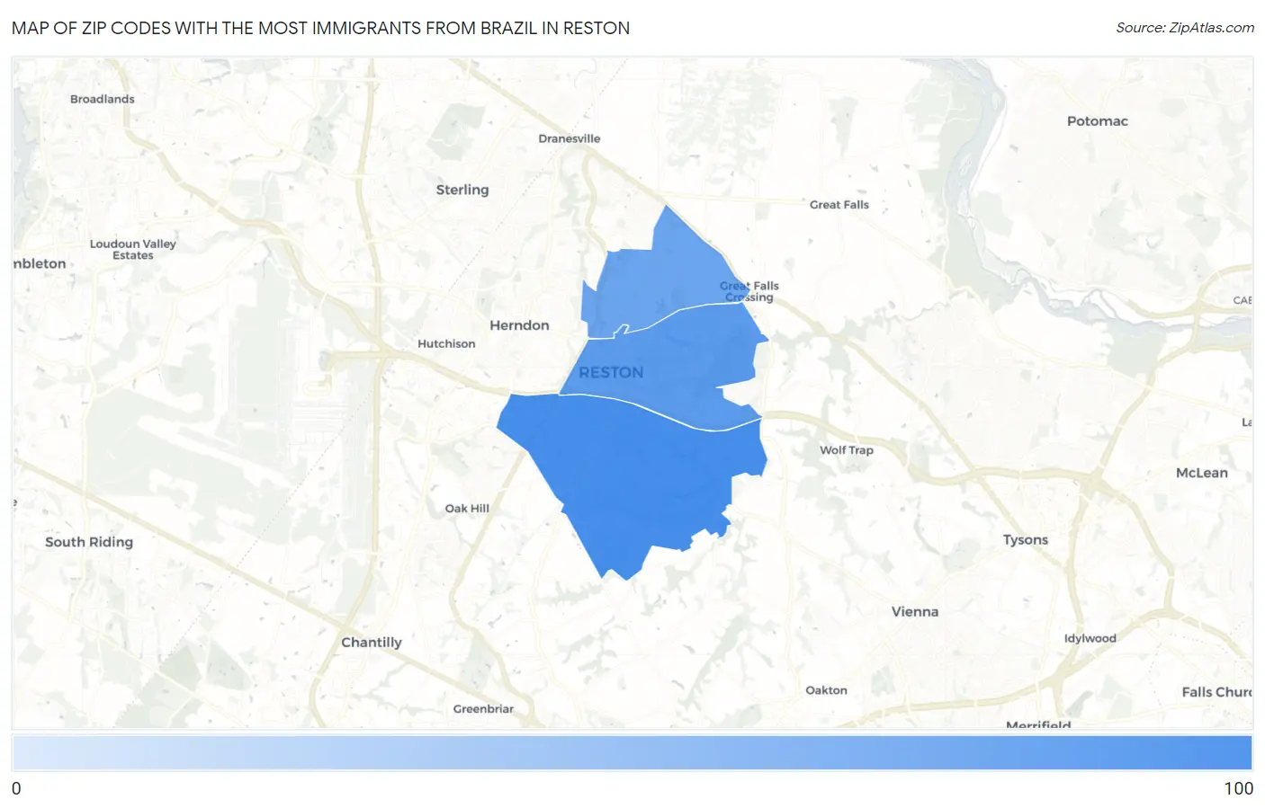 Zip Codes with the Most Immigrants from Brazil in Reston Map