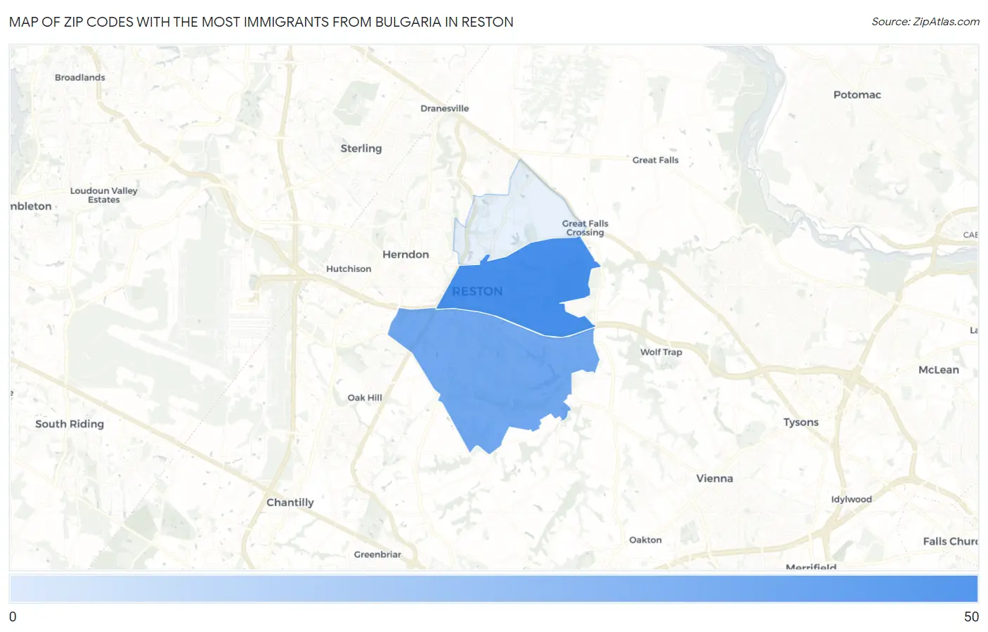 Zip Codes with the Most Immigrants from Bulgaria in Reston Map