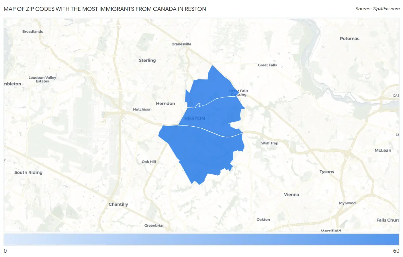Zip Codes with the Most Immigrants from Canada in Reston Map