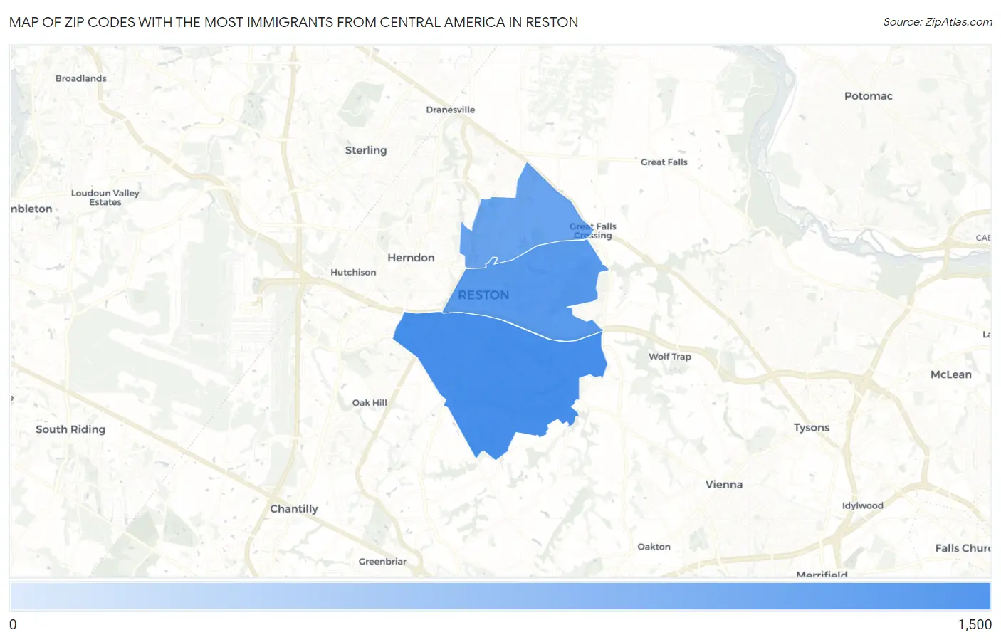Zip Codes with the Most Immigrants from Central America in Reston Map