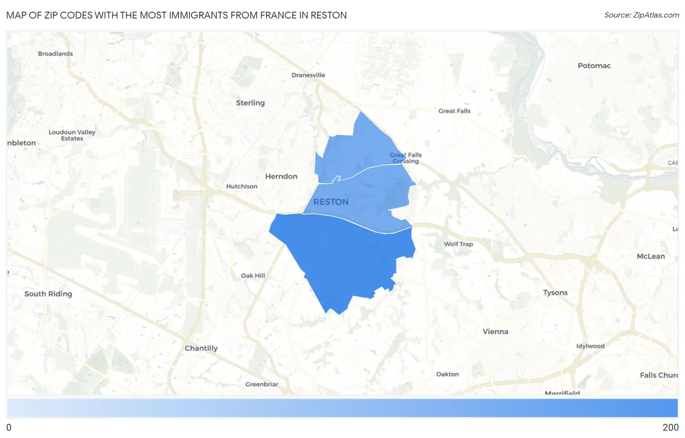 Zip Codes with the Most Immigrants from France in Reston Map