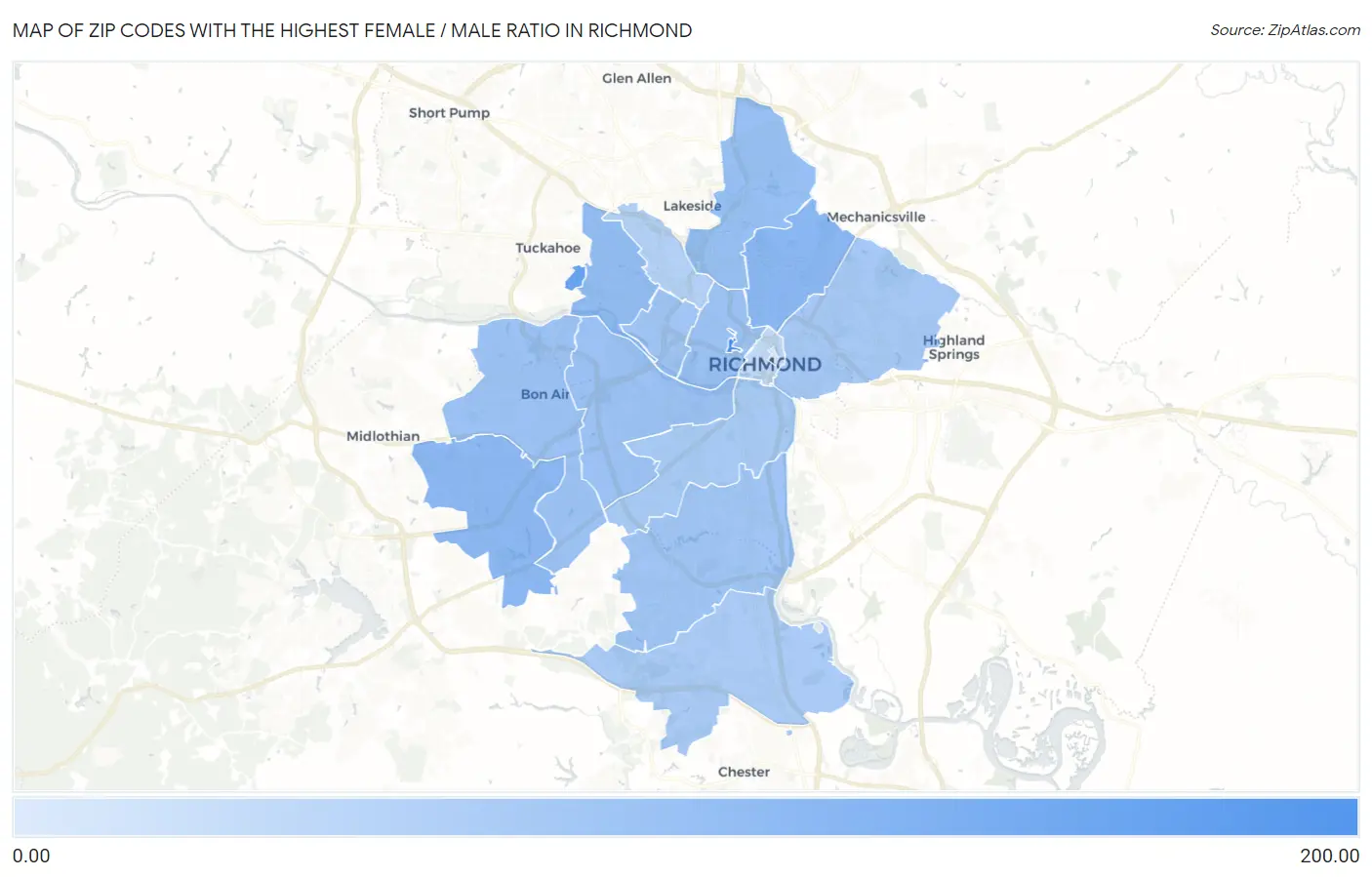 Zip Codes with the Highest Female / Male Ratio in Richmond Map