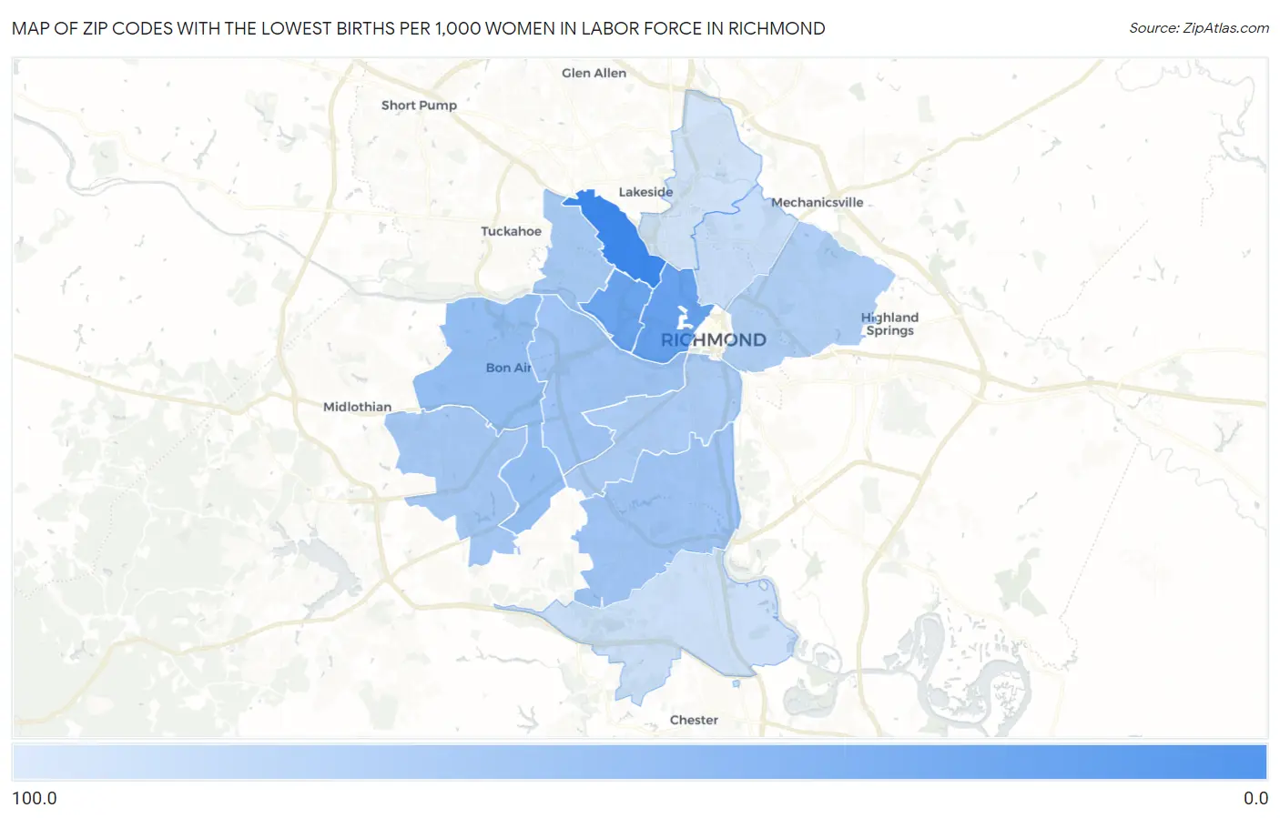 Zip Codes with the Lowest Births per 1,000 Women in Labor Force in Richmond Map