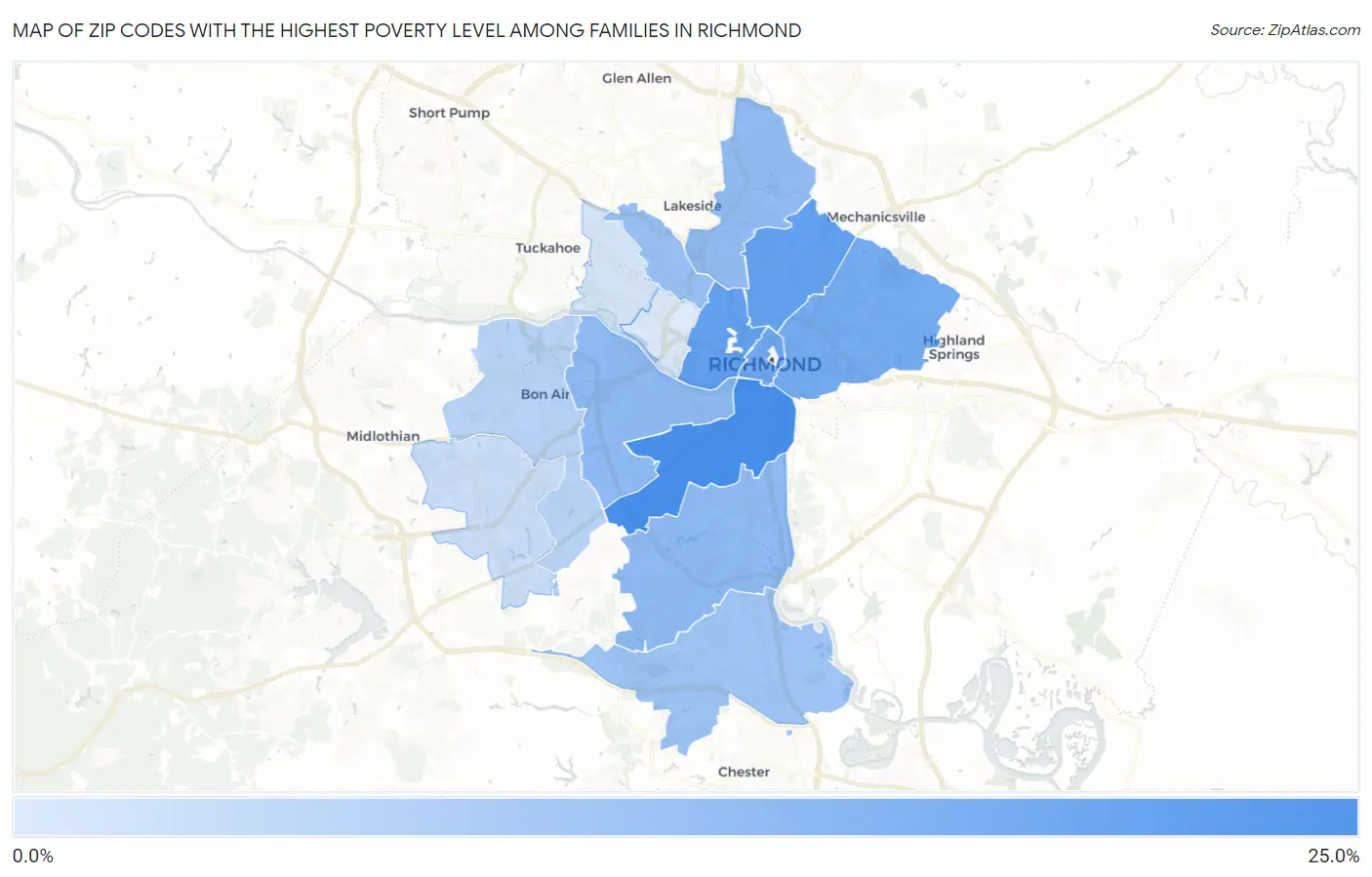 Zip Codes with the Highest Poverty Level Among Families in Richmond Map