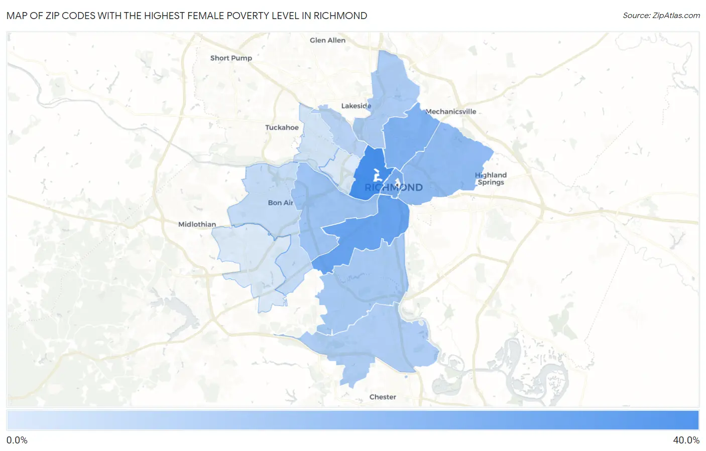 Zip Codes with the Highest Female Poverty Level in Richmond Map