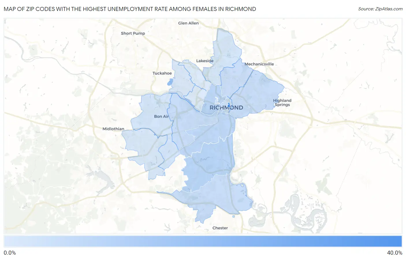 Zip Codes with the Highest Unemployment Rate Among Females in Richmond Map
