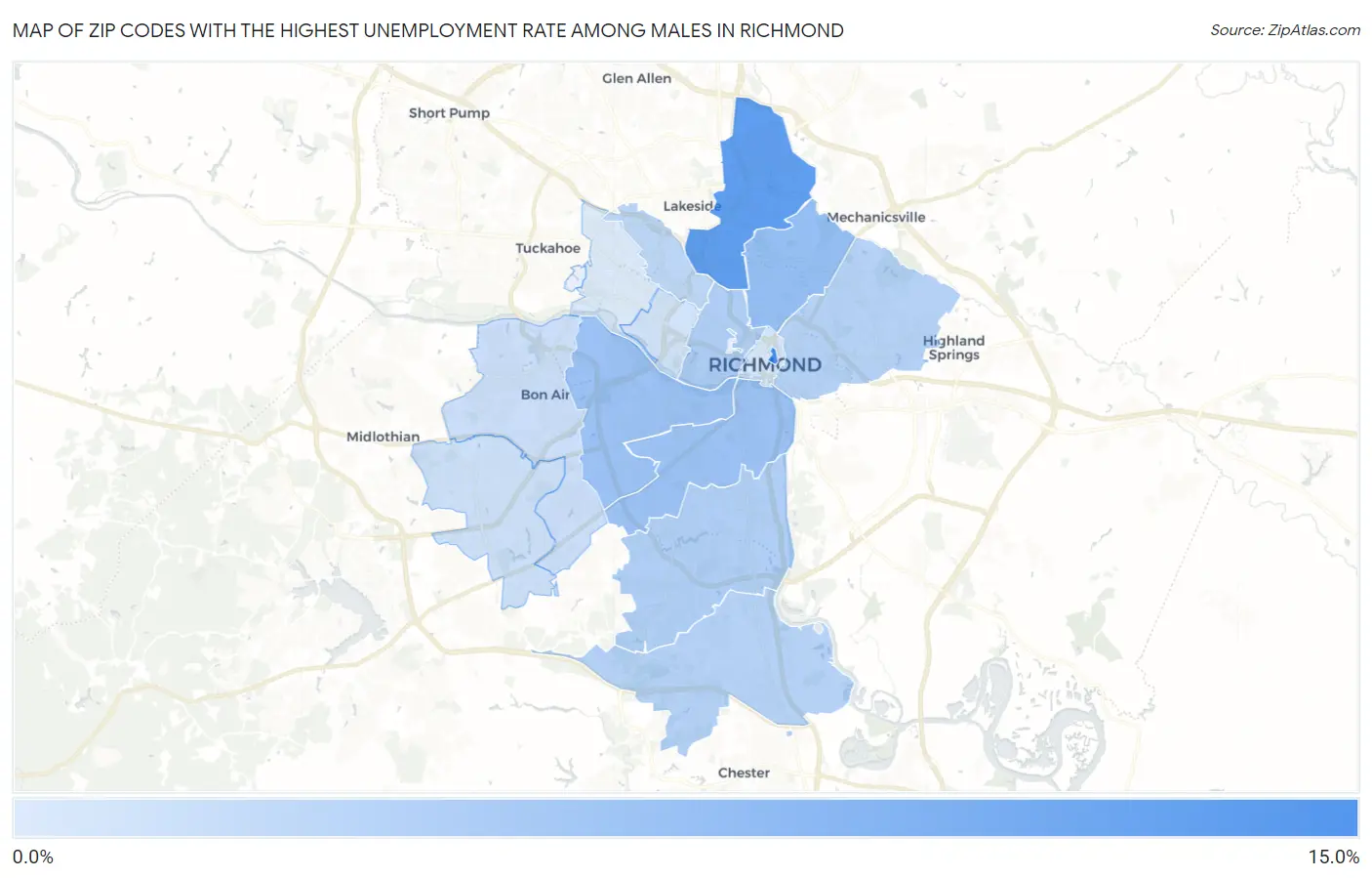 Zip Codes with the Highest Unemployment Rate Among Males in Richmond Map
