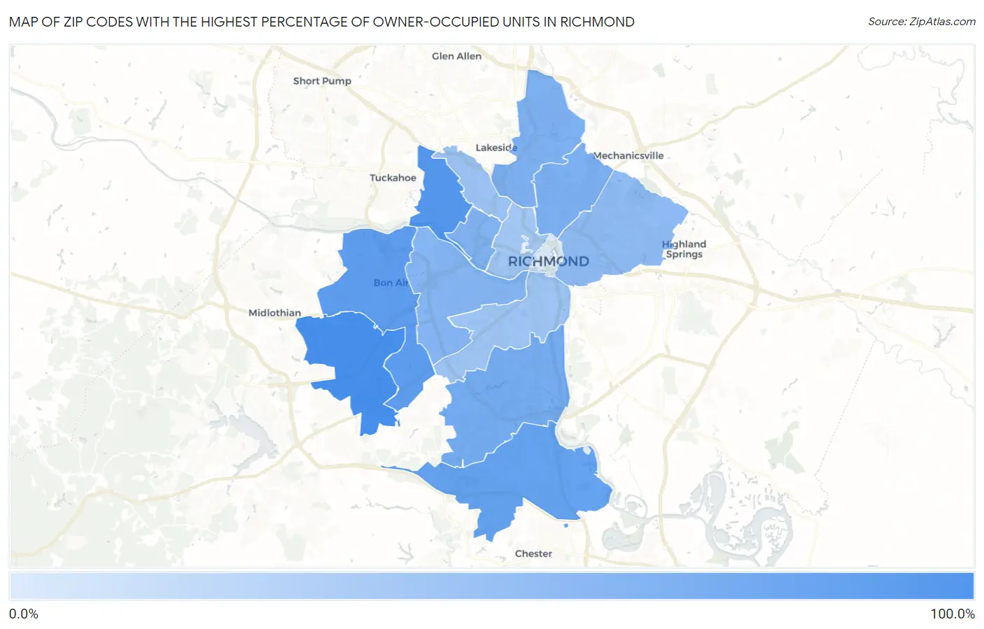 Zip Codes with the Highest Percentage of Owner-Occupied Units in Richmond Map